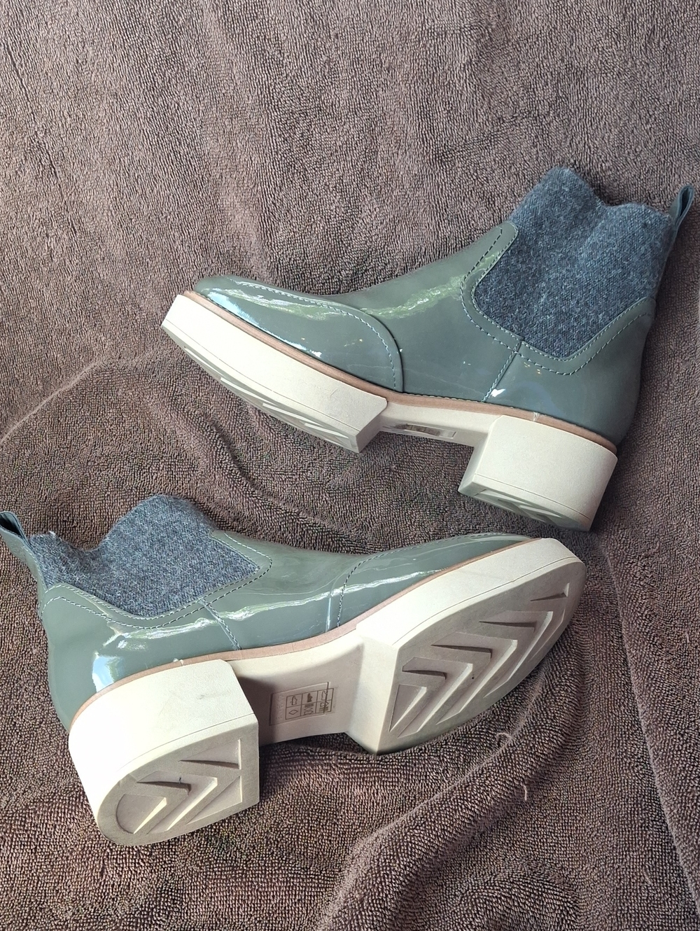 Dolce Vita Glossy Chelsea Ankle Boots in Sage Green with Gray Knit Panel